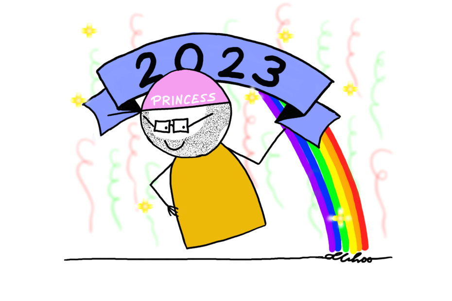 Eine Sektchnote-Figur mit Bart und Brille steht im Zentrum. Auf dem Kopf trägt die Figur einen rosafarbenen Käppi. Auf dem Käppi steht der Schriftzug "Princess". Hinter der Figur steht ein Banner. Auf dem Banner steht "2023". Im Hintergrund sind ein Regenbogen, Sterne, Konfetti und Luftschlangen abgebildet.